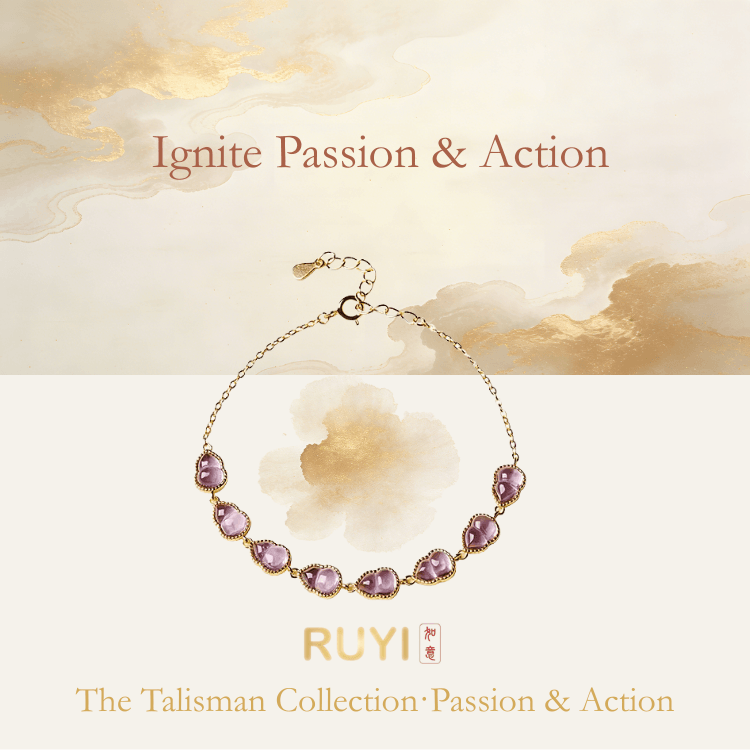 RUYI Jewelry Fire Element bracelet crafted from hulu-shaped purple amethyst crystal beads. Symbolizes passion and spiritual clarity in Chinese tradition.