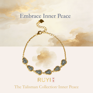 RUYI Jewelry Water Element bracelet featuring hulu-shaped "Lan Shui" (blue toned)Jadeite beads. This jewelry symbolizes wisdom and flow.