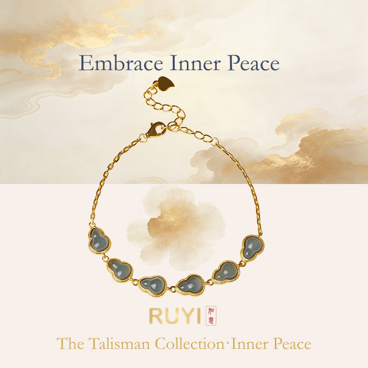 RUYI Jewelry Water Element bracelet featuring hulu-shaped "Lan Shui" (blue toned)Jadeite beads. This jewelry symbolizes wisdom and flow.