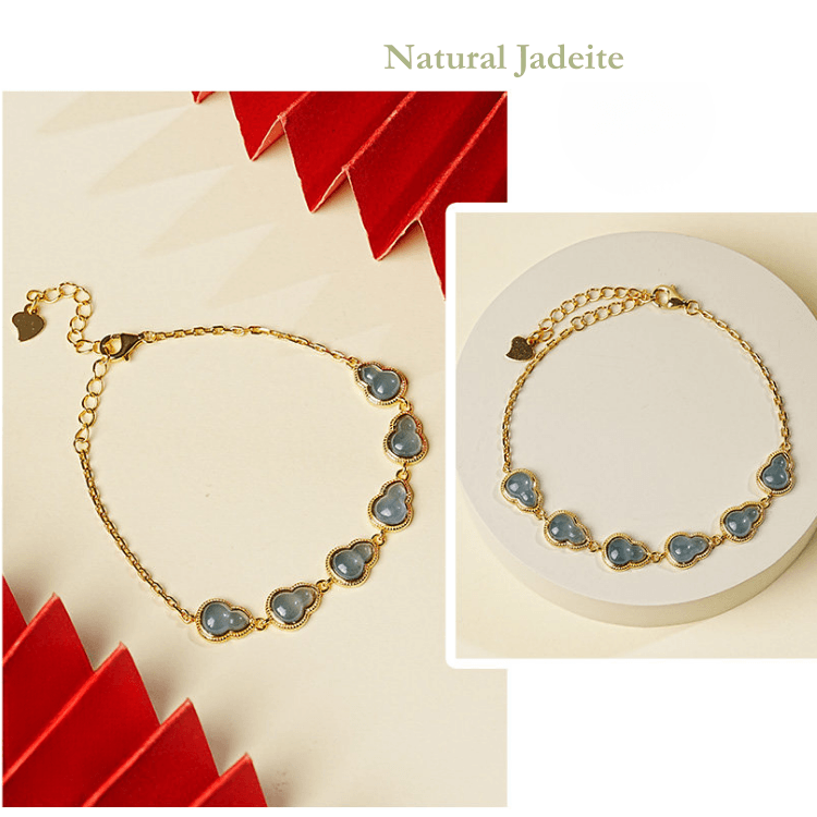 RUYI Jewelry Water Element bracelet featuring hulu-shaped "Lan Shui"(blue toned) Jadeite beads. This energy jewelry symbolizes wisdom and flow in Chinese tradition.