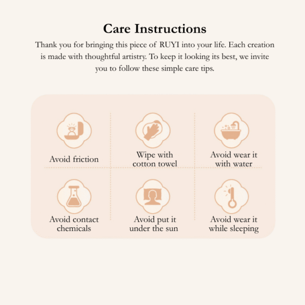 RUYI Jewelry care guide for spiritual gemstone jewelry. Includes icons for cleaning and maintaining the energy and beauty of crystal bracelets.