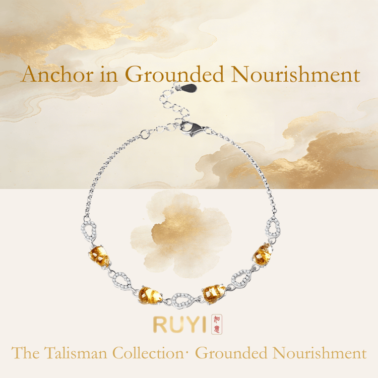 RUYI Jewelry Earth Element bracelet featuring hulu-shaped citrine gemstone beads. This crystal represents the Earth element, symbolizing stability and nourishment.