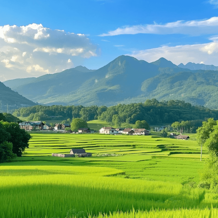 RUYI Jewelry Earth element imagery, fertile green farmland and village symbolizing Ji Earth's nurturing soil