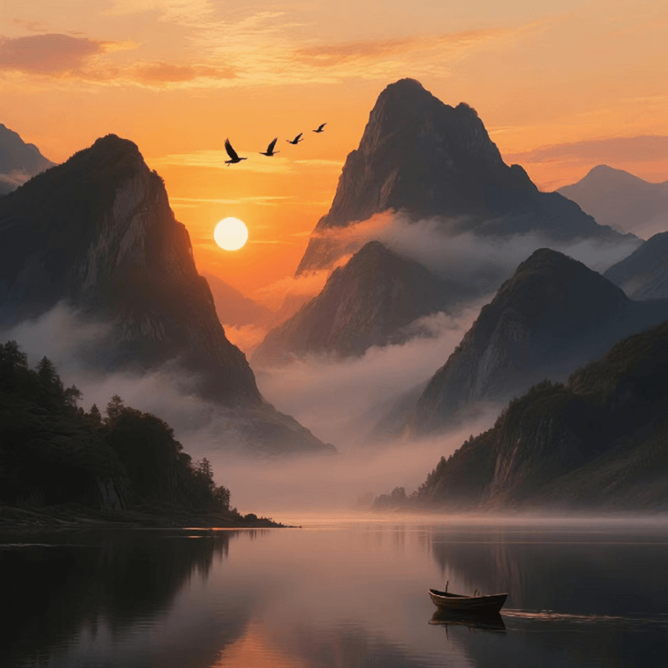RUYI Jewelry Earth element imagery, majestic misty mountains symbolizing Wu Earth's unmovable stability