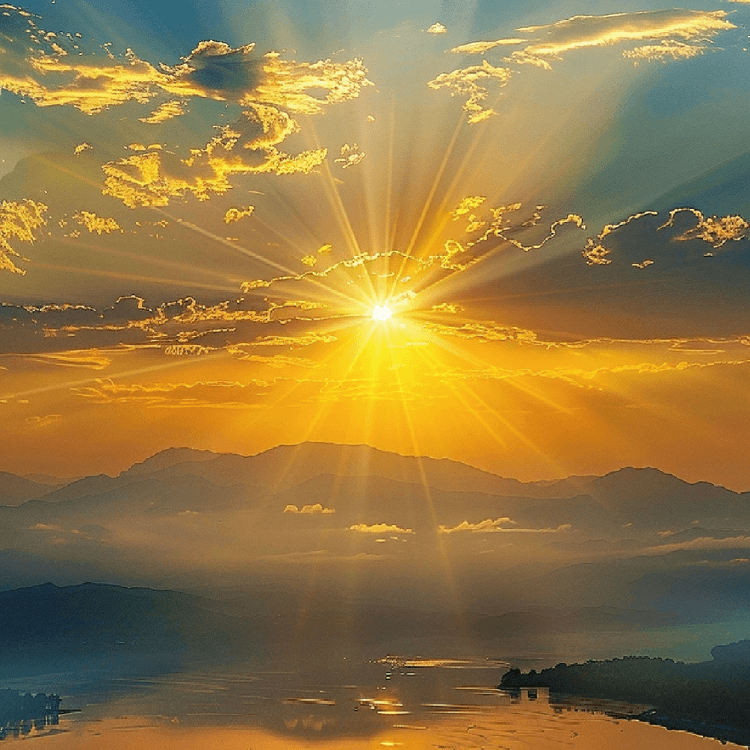 RUYI Jewelry Fire element imagery, radiant sunrise over misty mountains symbolizing Bing Fire's cosmic illumination