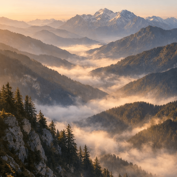 RUYI Jewelry Earth element inspiration, misty mountains at sunrise symbolizing stability and grounding