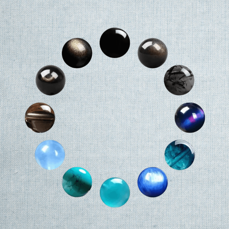 RUYI Jewelry Water element gemstones, aquamarine and blue toned jadeite beads symbolizing inner calm