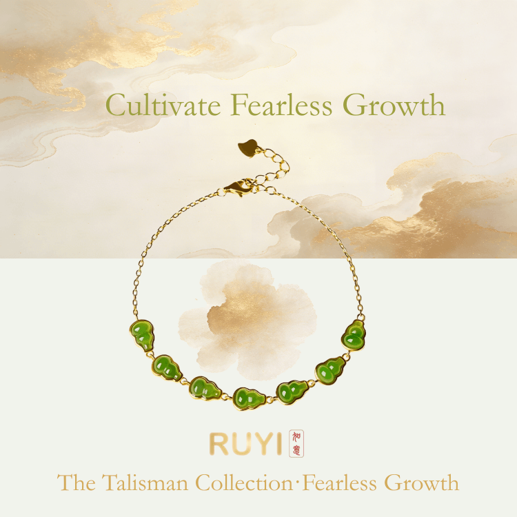 RUYI Jewelry Wood Element bracelet with hulu-shaped green hetian jade beads. This green gemstone crystal symbolizes growth and vitality.