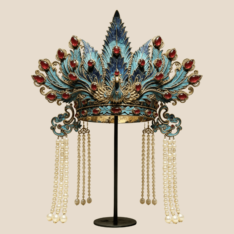 RUYI Jewelry Metal element imagery, jeweled phoenix crown symbolizing Xin Metal's refined brilliance