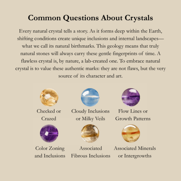 Educational guide from RUYI Jewelry explaining natural inclusions in healing crystals like amethyst and citrine. These authentic marks symbolize the energy and character of spiritual gemstones.