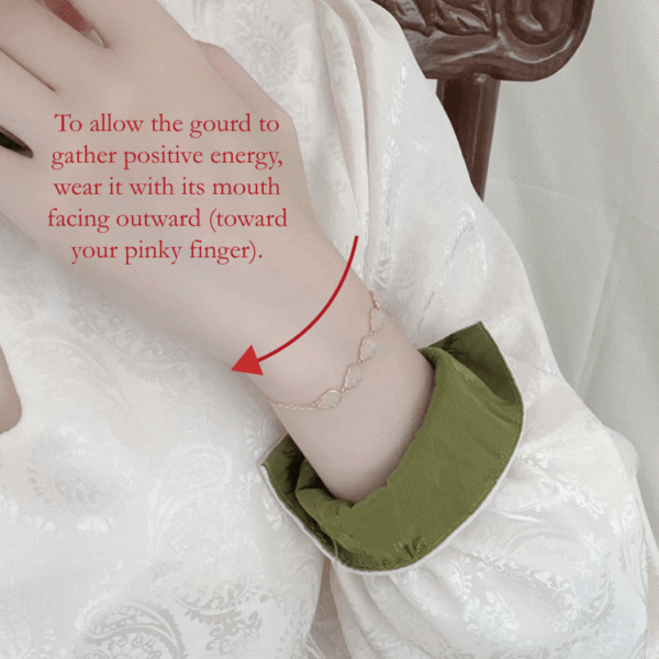 RUYI Jewelry wearing guide for Water Element white Hetian Jade hulu bracelet. Shows the correct orientation: the hulu (gourd) opening should face the little finger, traditionally believed to enhance wisdom and flow.