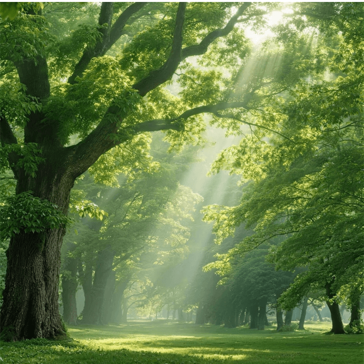 RUYI Jewelry Wood element imagery, sunlit forest canopy symbolizing Jia Wood's upright strength and growth