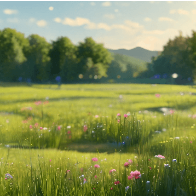 RUYI Jewelry Wood element imagery, soft wildflower meadow symbolizing Yi Wood's gentle nourished growth